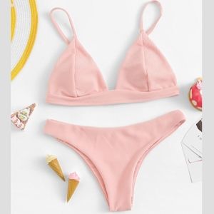 Pink Thin Straps Top With Textured Bikini Set